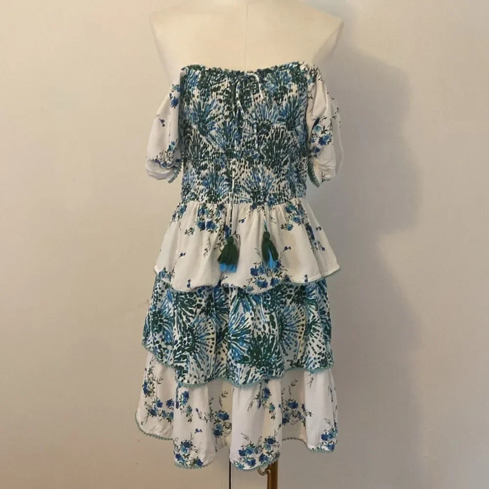 Teal & White Margaux Riviera Layered Mini Dress Size Small - Picture 4 of 15